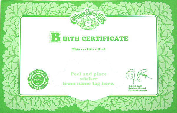 Printable Cabbage Patch Birth Certificate Template Free Templates