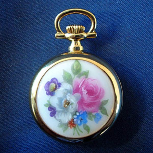 BERNEY Swiss Locket Watch Pendant Gold Overlay w Roses
