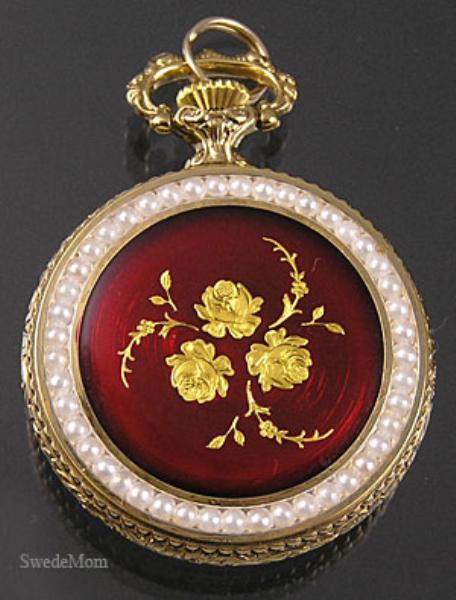 BERNEY Ruby Red PENDANT WATCH wGold Roses & Seed Pearls