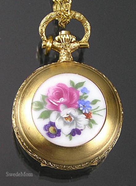 BERNEY Swiss Pendant Mini Pocket Watch w Floral Inlay