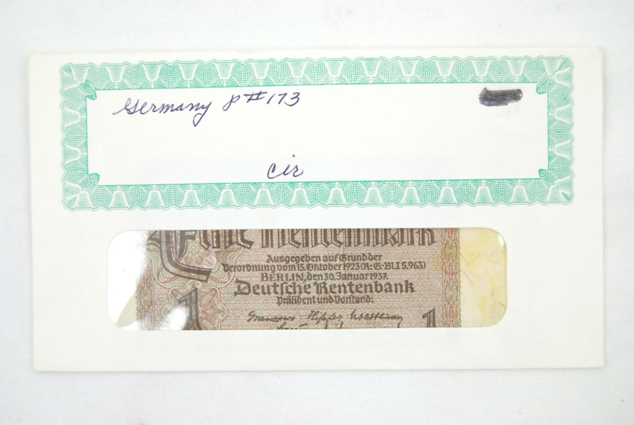 1937 Germany Eine Rentenmark Banknote  