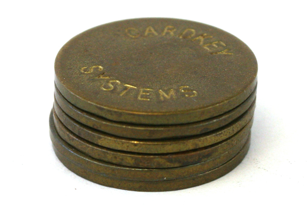 lot of six vintage brass cardkey systems courtesy parking tokens