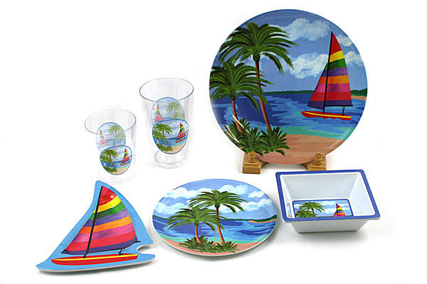 Sailboat and Palm Tree Plastic Dinnerware Set Summer Beach